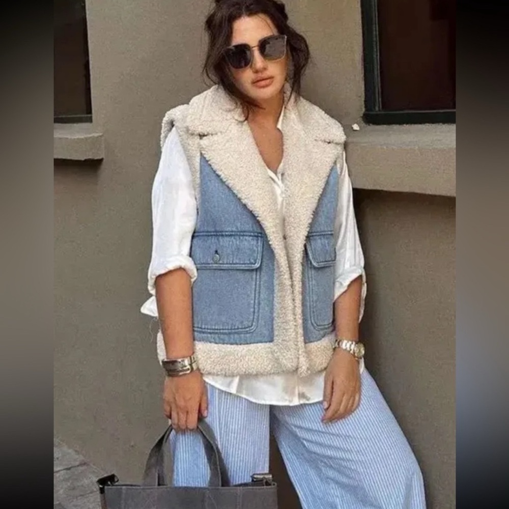 Zara Denim and Cream Sherpa Vest